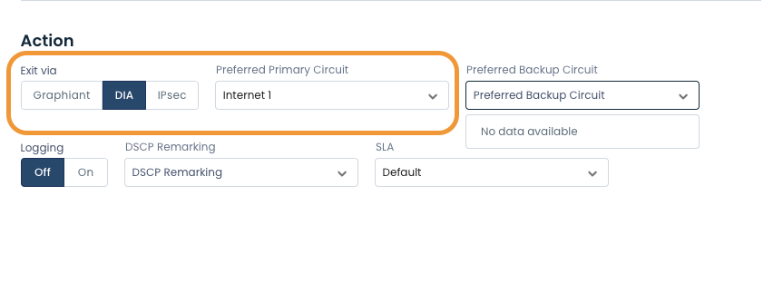 Settings for network exit options and preferred circuits in a configuration interface.
